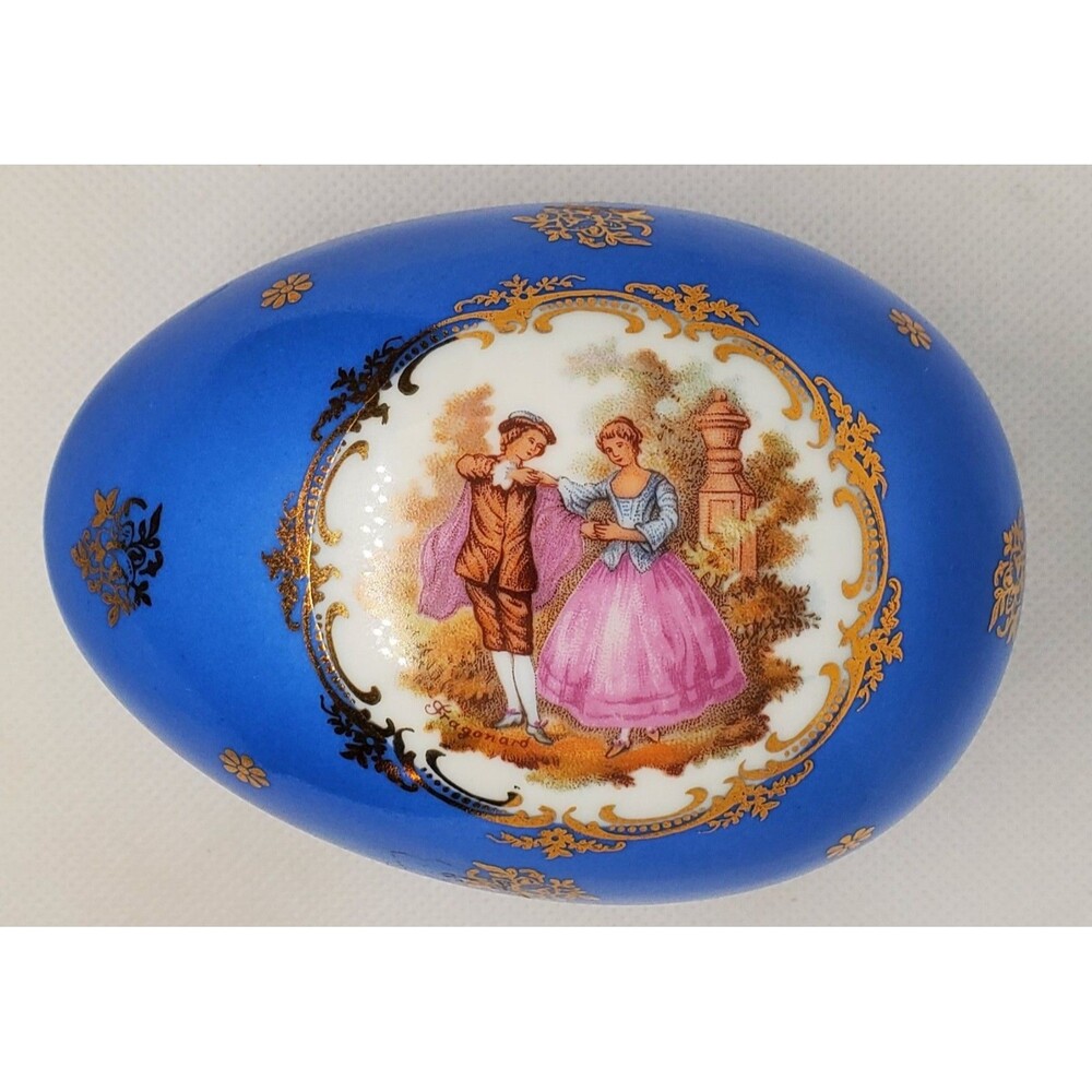 Vintage Limoges Blue Porcelain Egg with Fragonard Courting Couple